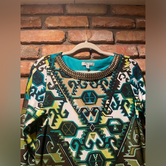 SANDRA DARREN Women's Size 6 Tribal Geometric 3/4 Sleeve Shift Dress - Picture 3 of 6